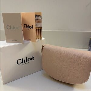 CHLOE Wristlet Makeup Cosmetics Pouch ~5x6” with Logo Strap Blush Pink Beige NIB